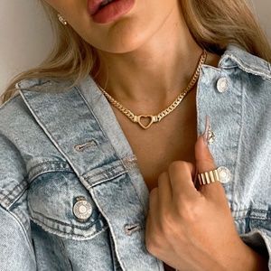 New 18K Gold Plated Stainless Steel Cuban Chain Heart Chocker/Necklace